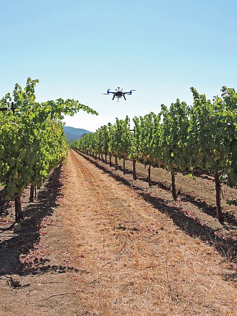 A Y6 multicopter returns from a flight over a winegrape vineyard. (Photo credit: Discover Sonoma County Wine)
