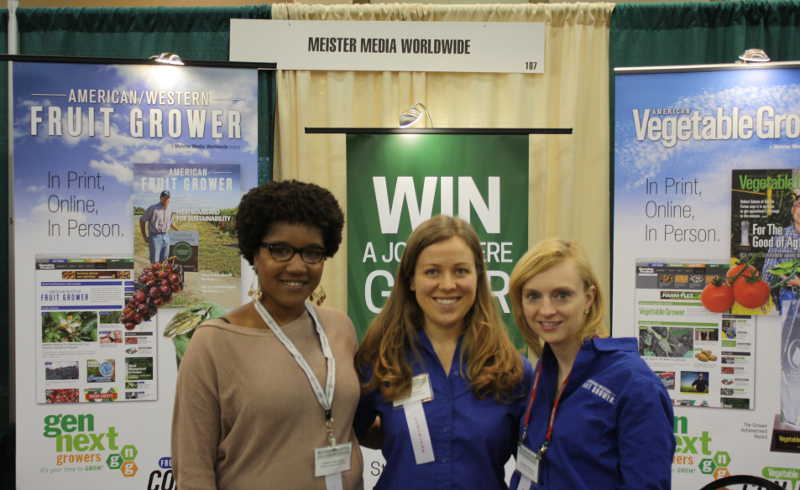 From L-R: Lauren Alexander of American Vegetable Grower, Laura Caruso of Meister Media Worldwide, and Christina Herrick of American Fruit Grower pose at the Meister Media Worldwide booth.