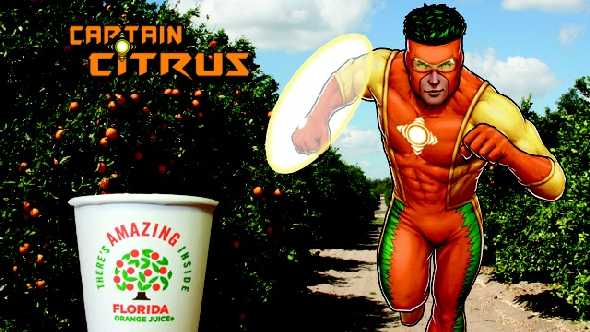Captain Citrus running through an orange grove