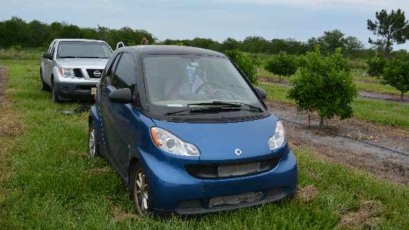 Orie Lee's grove vehicle is a Smart Car