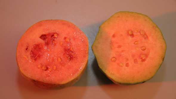 A guava fruit sliced in half