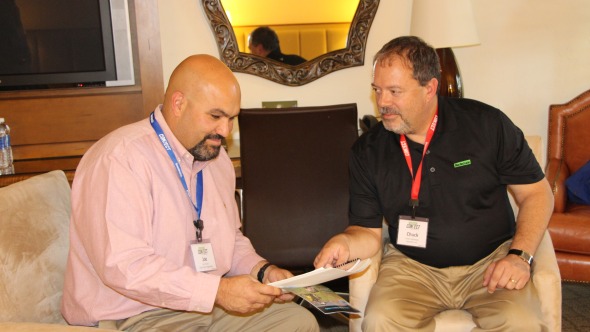 Joe Ferrari from Dole (left) and Liphatech’s Chuck Hathaway discuss strategy during a one-on-one meeting at the VegetableGrowerConnect in San Diego, CA, in November. Photo credit: Rosemary Gordon