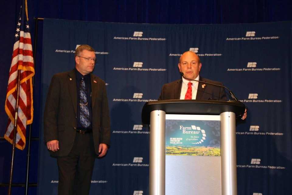 New American Farm Bureau president Zippy Duvall (right) with new vice president Scott VanderWal (left).
