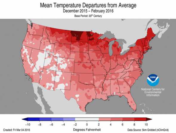 NOAA Winter 2015-2016 average temperatures map
