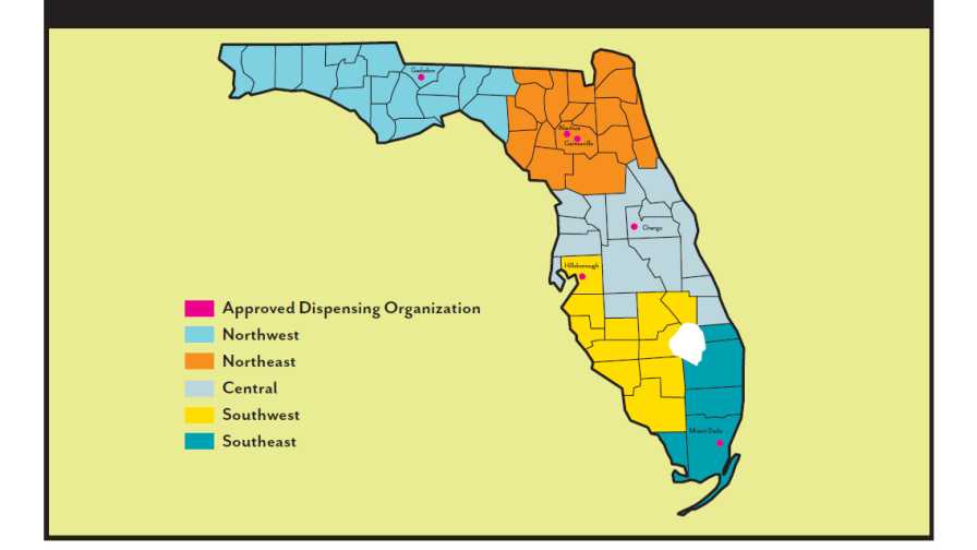 Map of Compassionate Medical Cannabis Act dispensing regions in Florida