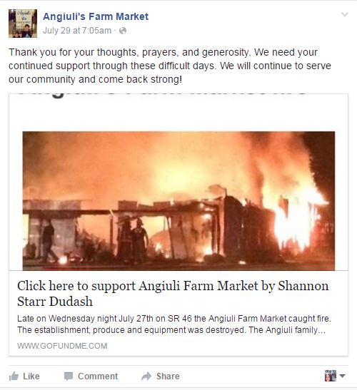 Anguili's Farm Market Facebook first fire post