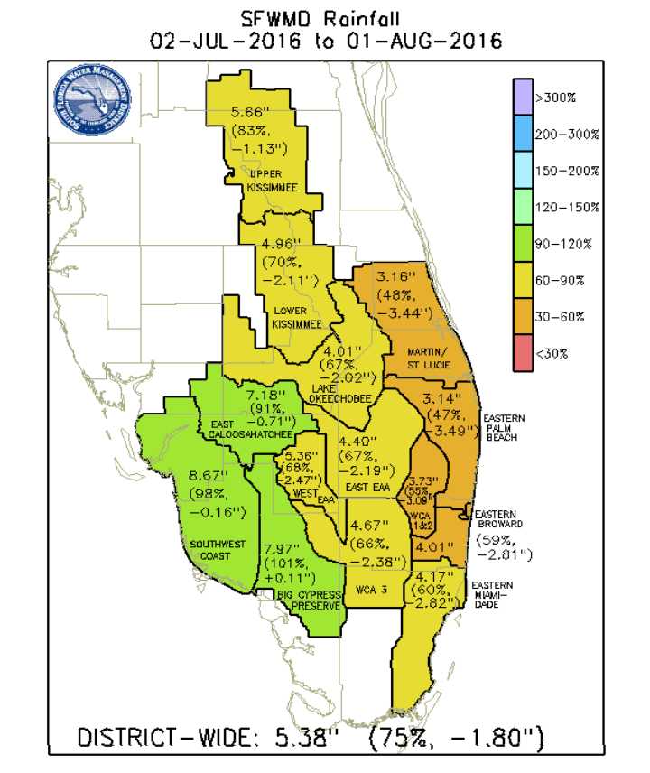 Map of July 2016 rainfall totals in South Florida