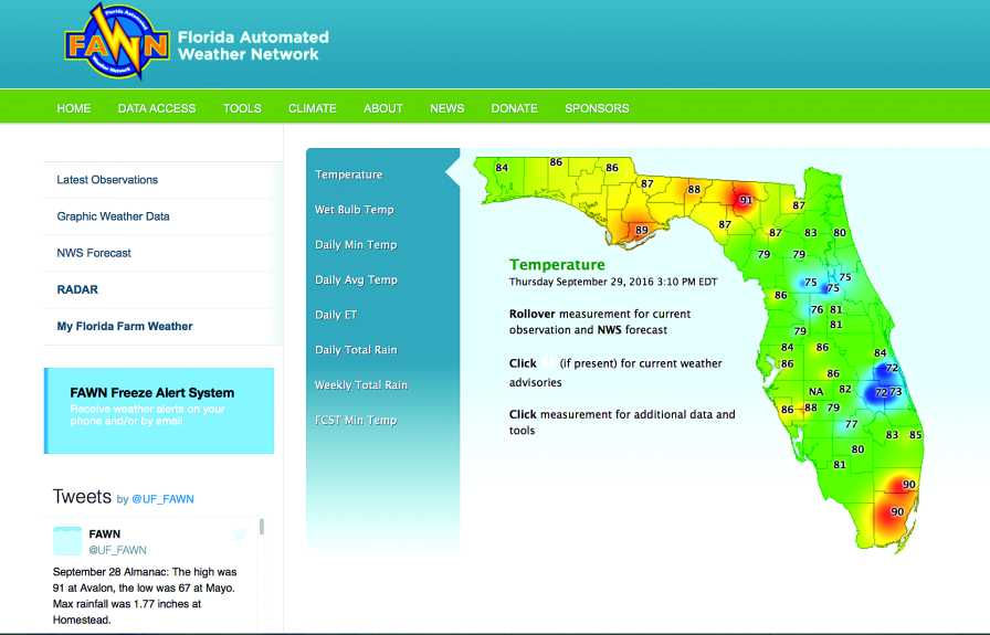 Screen capture of UF/IFAS' FAWN home page