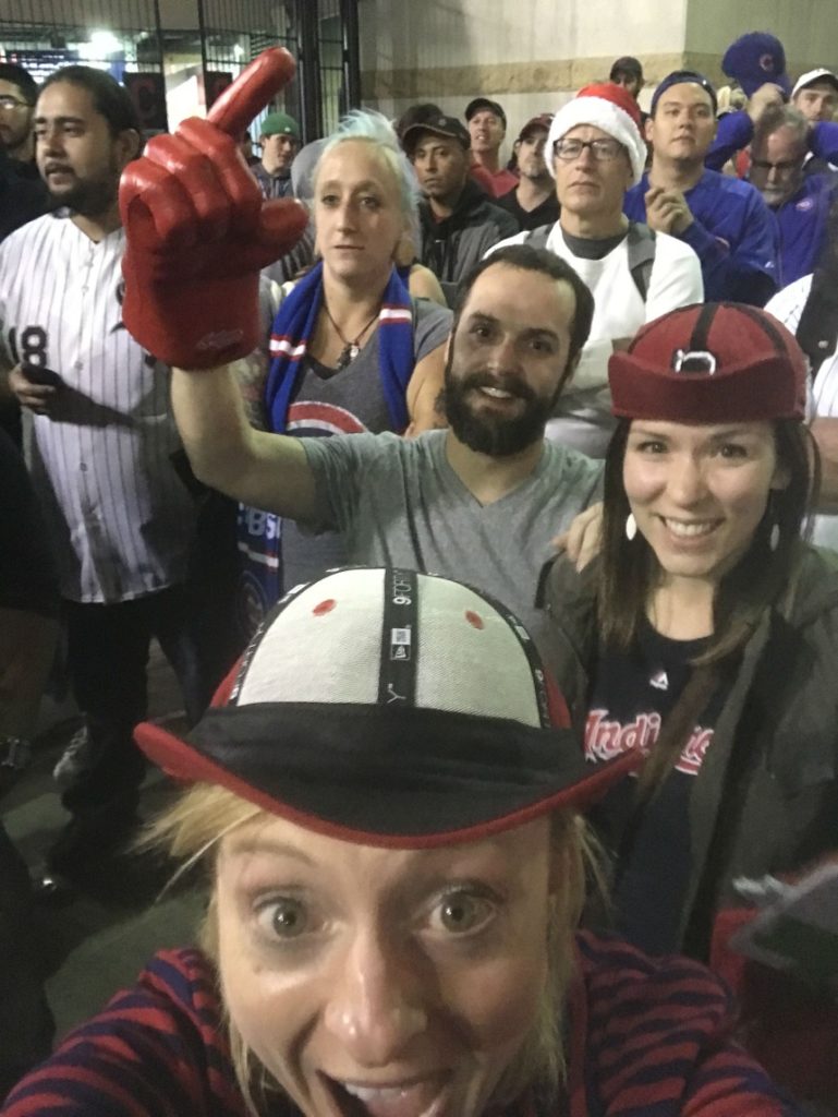 With our rally caps on, friends and I watched the final innings Game 7 of the World Series in Rally Alley outside of Progressive Field. (Photo credit: Christina Herrick)