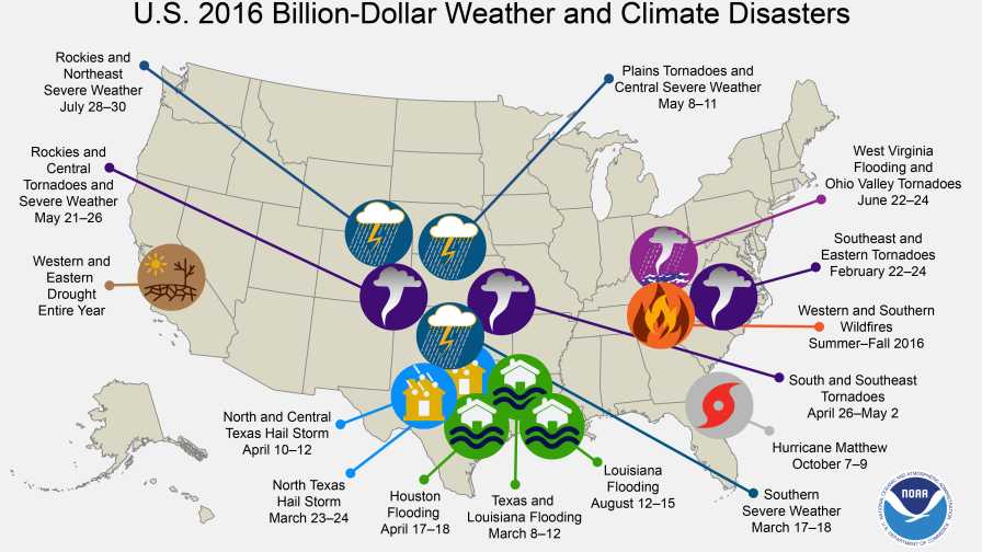 2016 NOAA map of major weather-related disasters