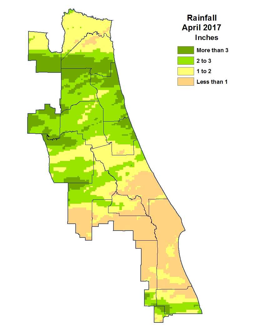 April 2017 rainfall map for St. Johns River Water Management District in Central Florida