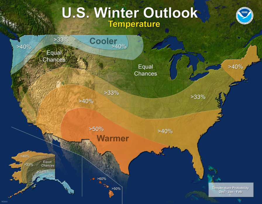 NOAA 2017-18 winter forecast temperature map