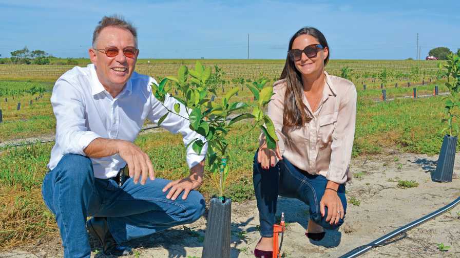 Michel Sallin and Melanie Ressler of IMG Citrus pose with young citrus planting