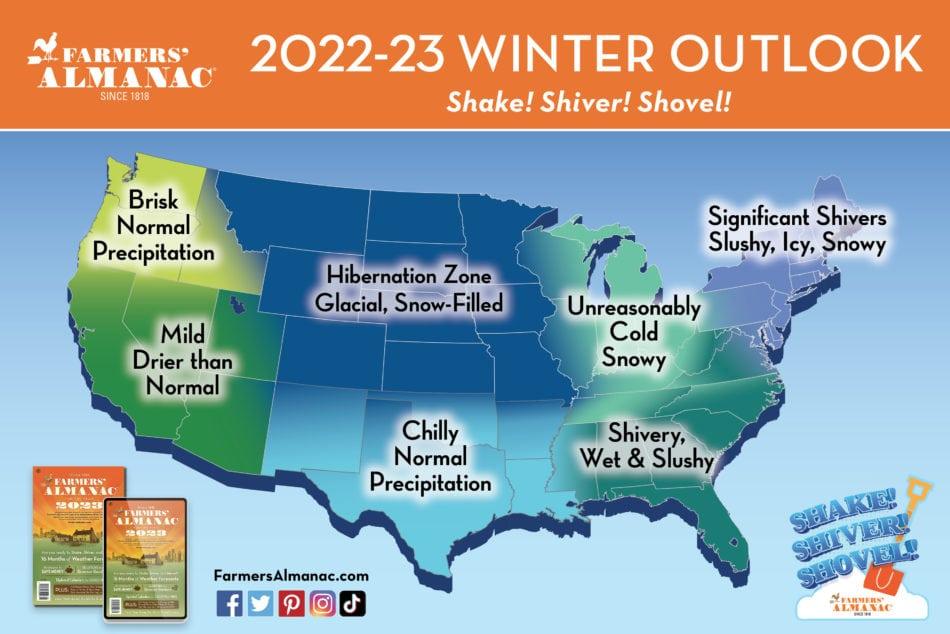 Farmers' Almanac winter forecast map for 2022-2023