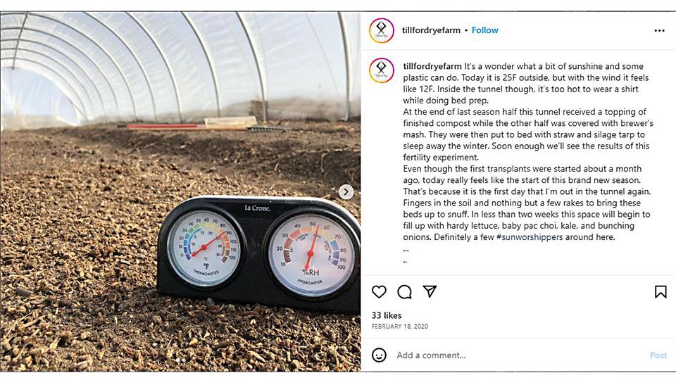 Tillford Rye Farm Instagram post about high tunnel temperatures