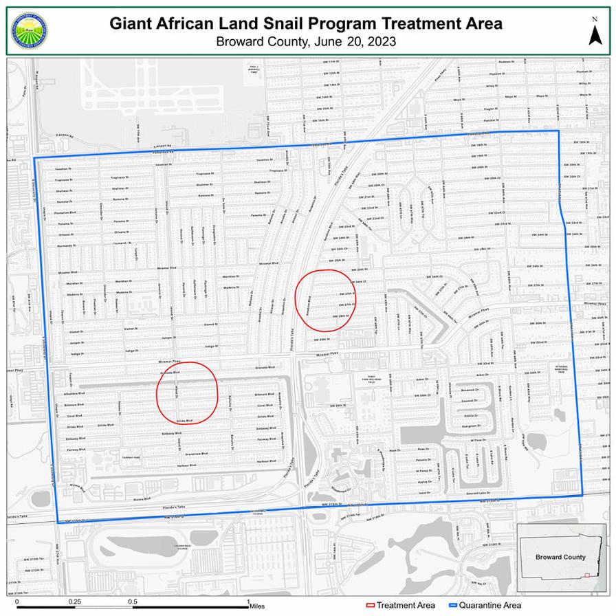 Giant African land snail quarantine map in Broward County, June 2023
