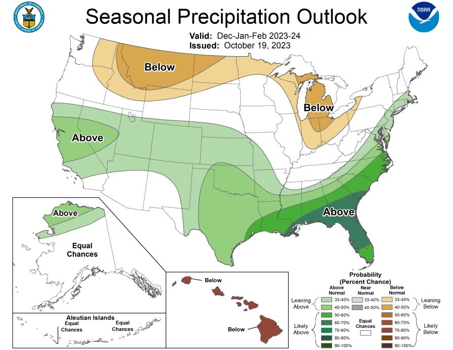 NOAA's winter 2023-2024 seasonal outlook map for precipitation