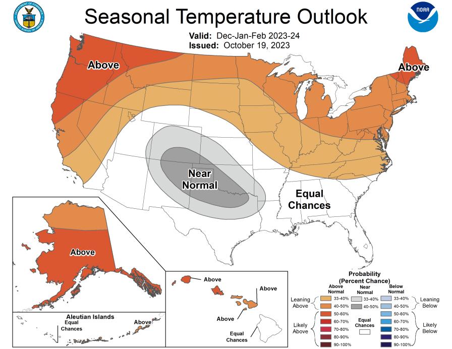 NOAA's 2023-2024 winter seasonal outlook map for temperatures