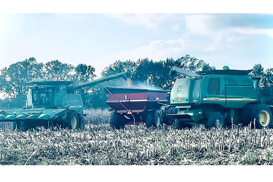 Combines running on John Deere Greenstar tech and ClimateView at Gardner Family Farms