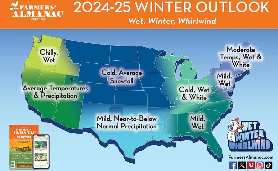 Farmers' Almanac winter 2024-2025 forecast map