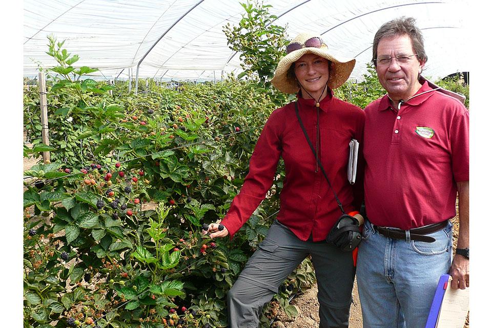 John R. Clark and Ellen Thompson discussing cooperative fruit breeding